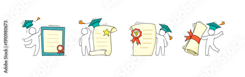 Students with graduation certificate, diploma, education document. Vector hand drawn illustration of doodle man, tuition certificat. Doodle set for study in college or university