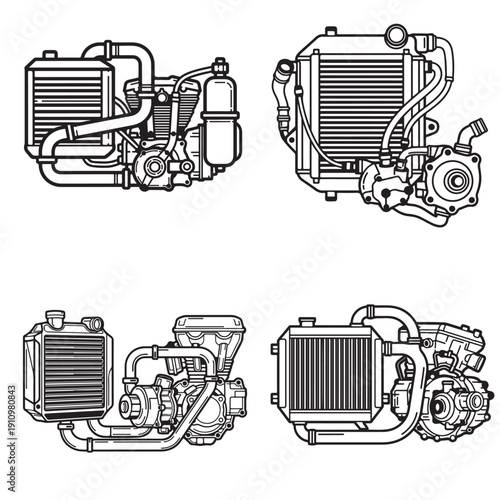 Industrial Engine Radiator and Cooling System Vector Set