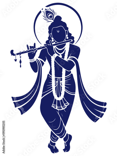 Lord Krishna playing a flute, a traditional Indian depiction. A blue silhouette illustration depicts Lord Krishna playing a flute, embodying peace and divine artistry.       