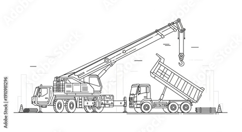 Crane Truck Lifting Dump Trailer.