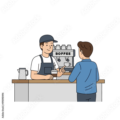 Barista serving coffee to customer at counter in cafe