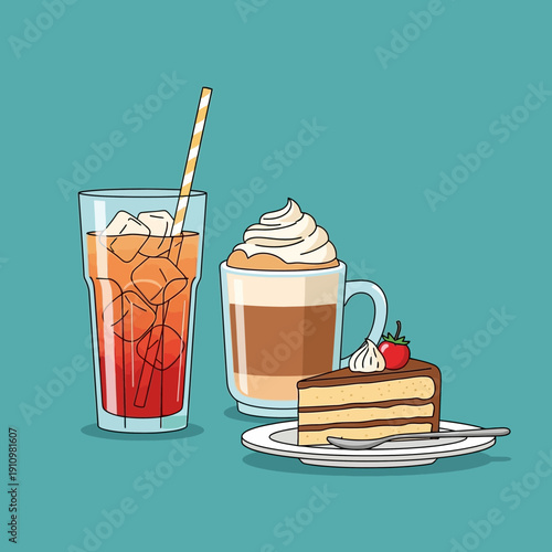 Refreshing Iced Tea, Creamy Coffee, and Delicious Chocolate Cake Slice on a Plate