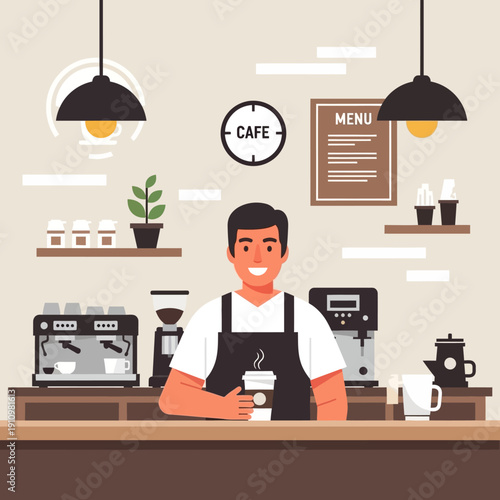 Smiling Barista Holding Coffee Cup Behind Counter in Cafe