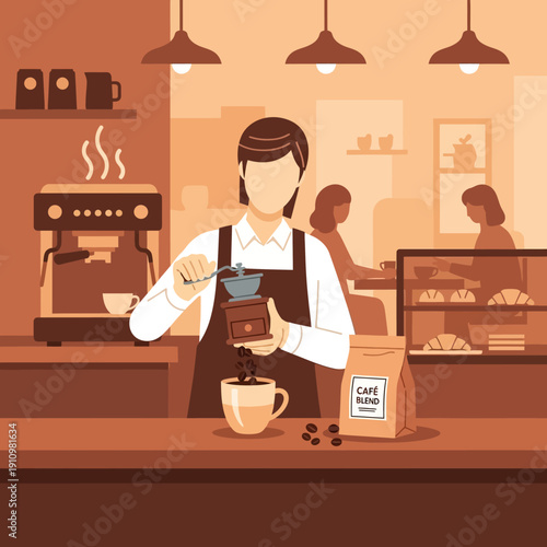 Barista grinding coffee beans and preparing a cup of coffee at a cafe counter