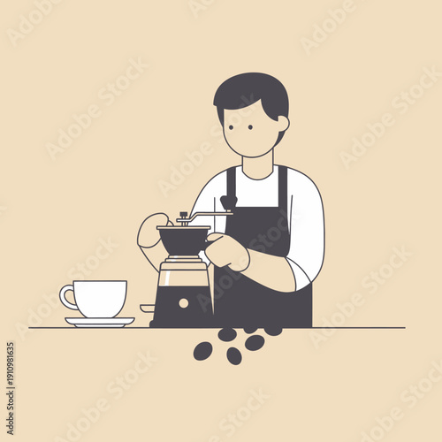 Barista grinding coffee beans for fresh brew, preparing coffee, close-up