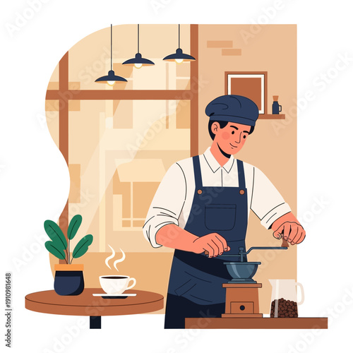 Barista Grinding Coffee Beans Manually in Cozy Cafe