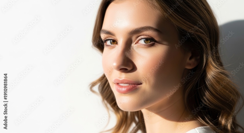 Fototapeta premium A close-up of a woman's face with long, wavy hair, wearing a white top, against a white background with a soft shadow.