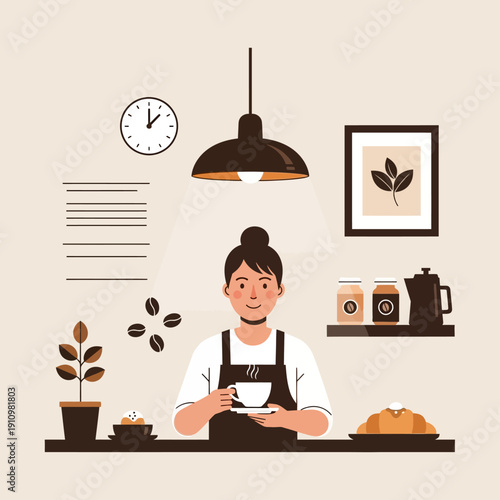 Barista serving coffee at cafe counter with croissant and plant, cozy atmosphere