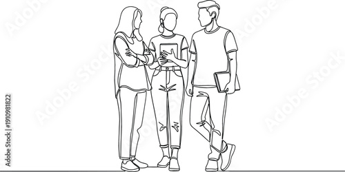 Minimalist continuous one line drawing of a group of diverse students standing and talking for education and campus life concept.