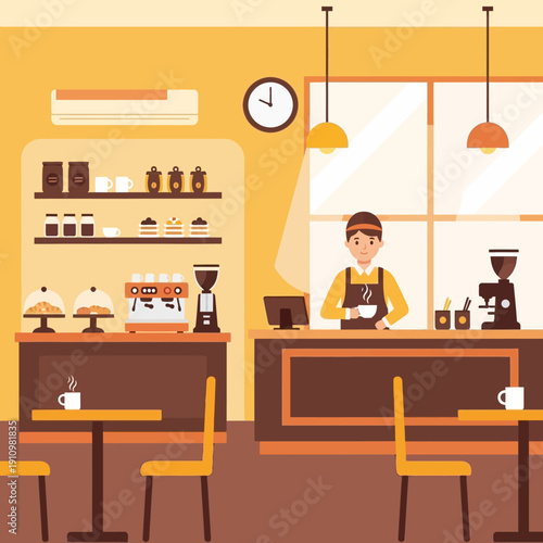 Barista serving coffee at counter in cozy cafe interior with tables and chairs