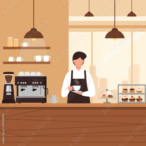 Barista serving coffee at counter with pastries and coffee machine in cafe