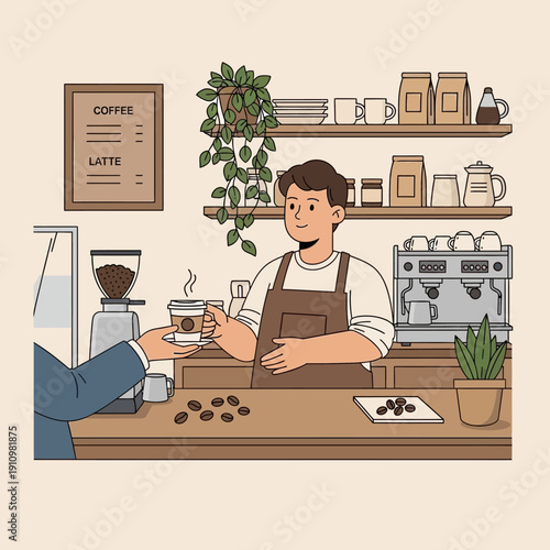 Barista serving coffee to customer at cafe counter with espresso machine and coffee beans