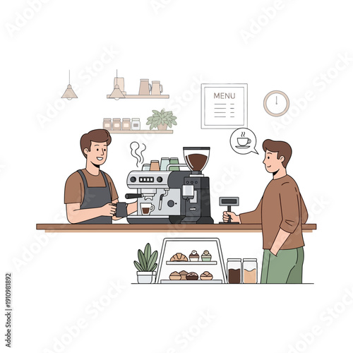 Barista serving coffee to customer at counter in cafe, coffee machine, pastries display