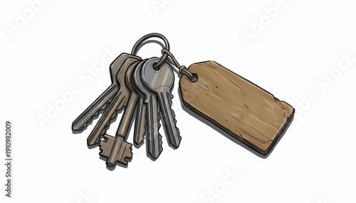 Set of assorted keys attached to a wooden tag on a keyring.