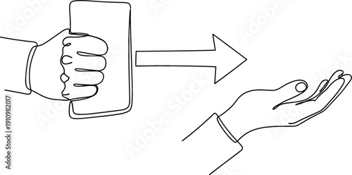 Minimalist continuous one line drawing of a hand passing a smartphone to another for data transfer and mobile sharing concept.