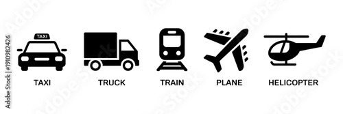 Transportation modes icons including taxi truck train plane helicopter