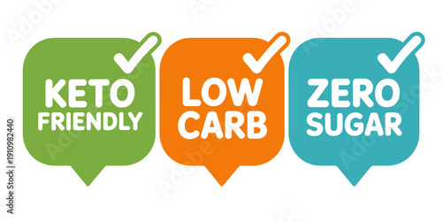 Keto friendly low carb zero sugar food labels and stickers  healthy diet icons
