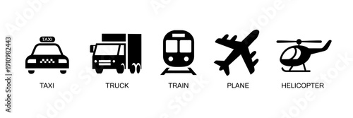 Transportation modes icons including taxi truck train plane and helicopter on white background