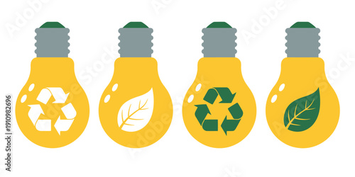 Eco friendly light bulbs with recycling and leaf symbols on white background