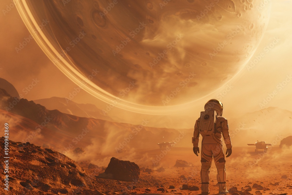Fototapeta premium Astronaut Standing on Red Planet Mars Looking at Horizon