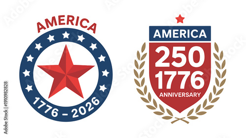 American anniversary badges with stars and laurel wreaths for 250 years celebration