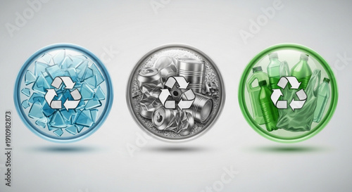 Recycling symbols for plastic metal and glass on a white background