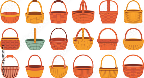 Set of various empty wicker baskets in different colors and styles on transparent background