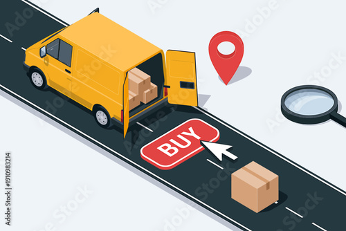 Isometric delivery van with boxes on road and buy button