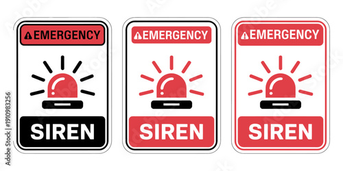 Emergency siren warning signs with red lights and labels  alert signals