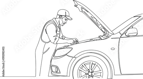 Minimalist continuous one line drawing of a mechanic repairing a car for automotive service and maintenance concept.