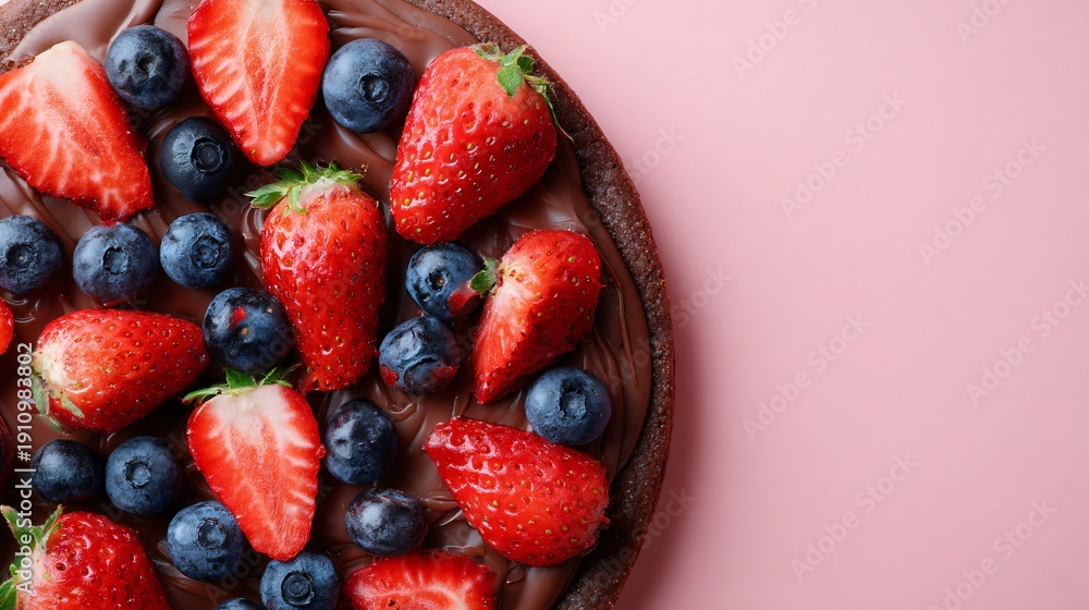 Obraz premium Chocolate pizza topped with strawberries and blueberries, clean overhead layout, soft pink background, copy space for text