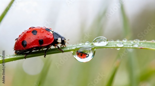 Red ladybug on green grass blade with reflection in water drop after rain