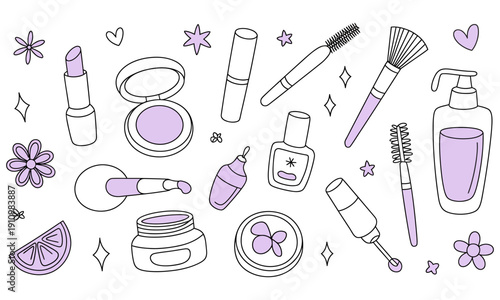 Purple line art illustration of various makeup products and beauty tools with flowers and decorative elements on transparent background