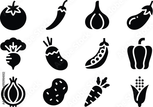 Vegetable icon vector set, agriculture and organic food harvest symbols isolated for farm branding, healthy eating concepts, grocery design, eco products, restaurant menus, and modern UI/UX applicatio