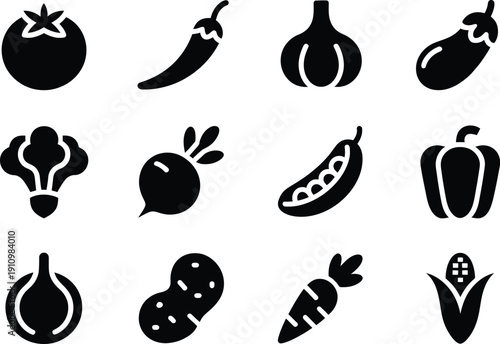 Vegetable icon vector set, agriculture and organic food harvest symbols isolated for farm branding, healthy eating concepts, grocery design, eco products, restaurant menus, and modern UI/UX applicatio