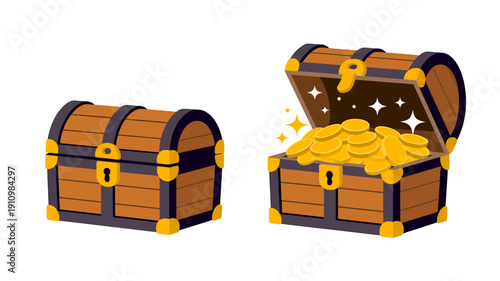 Two brown wooden treasure chests with gold coins and sparkles on white background