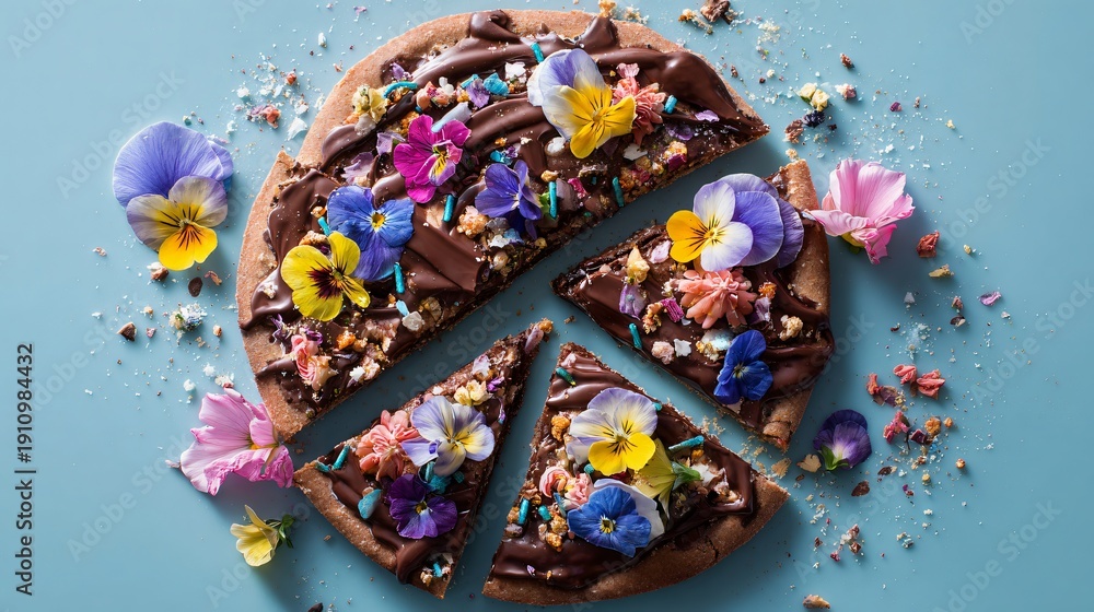 Fototapeta premium Chocolate pizza with edible flowers, pastel blue background, elegant dessert styling