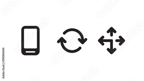 Mobile phone with refresh and resize icons in simple flat design with black color on white background for user interface