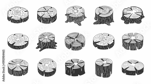 Detailed timber wood slice collection with natural growth circles and aged cracks for rustic woodworking decoration