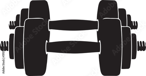 Black silhouette of multiple dumbbells lined up in a row representing strength fitness and weightlifting exercise isolated