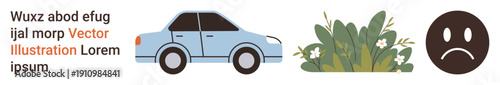 Transportation, environment, emotions, eco-awareness, sadness, visual design. Blue car, green bushes sad face emotion. Transportation and environment concepts combined with emotional