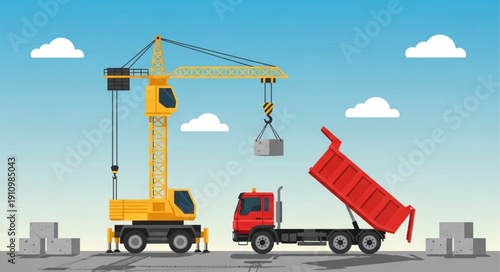Crane Truck Lifting Heavy Load Dump Truck.