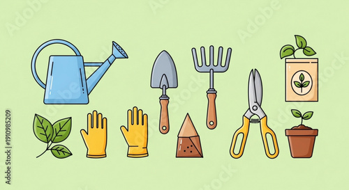 Gardening tools and accessories on green background for planting and nurturing