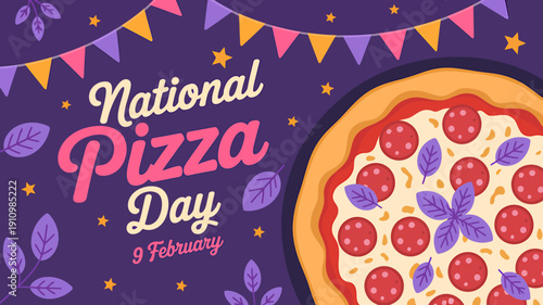 National Pizza Day celebration with pepperoni pizza and colorful decorations