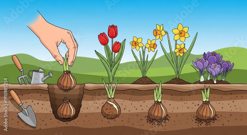 Hand planting flower bulbs in soil with gardening tools and colorful blooms