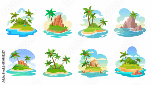 Set of charming tropical islands with palm trees and turquoise water in cartoon style