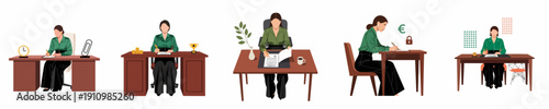Vector set of business woman illustrations working at office desks, focused on paperwork, contracts, and finance management.