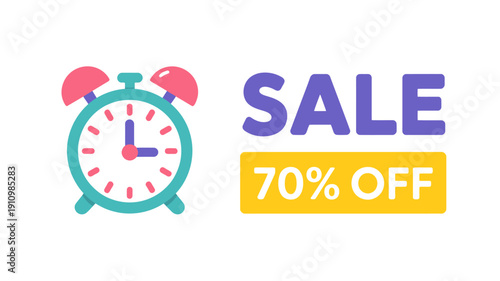 Sale 70 percent off discount sign with alarm clock  limited time offer