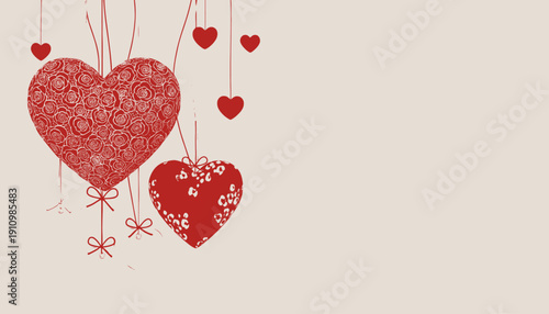 Valentine's Day decoration with hanging red hearts and bows.