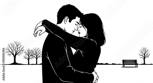 Romantic couple embracing in a park: Design for Valentine's Day cards, wedding invitations, or romantic social media posts. Transparent background SVG version.